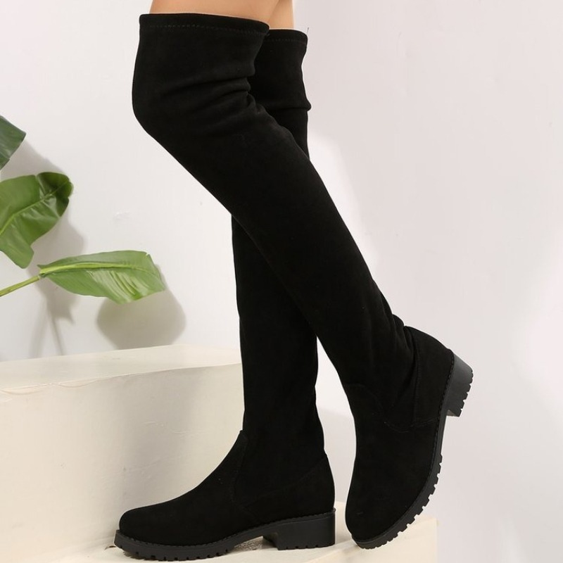 Knee High Sock Women - 女性用ニーハイブーツ、太もも丈ストレッチスエード風素材、フラットローヒール、ラウンドトゥ、秋冬カジュアルスリッポンシューズ
