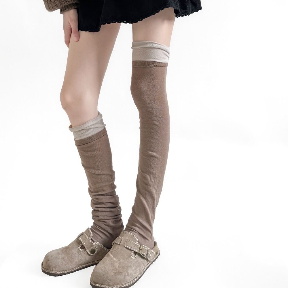 Boot Sock Slouchy - カフ付きルーズフィットレッグウォーマー（女の子用）、カラーブロックラッフルトリムパッチワークソックス、春・秋用コットン製太もも丈ブーツカバー