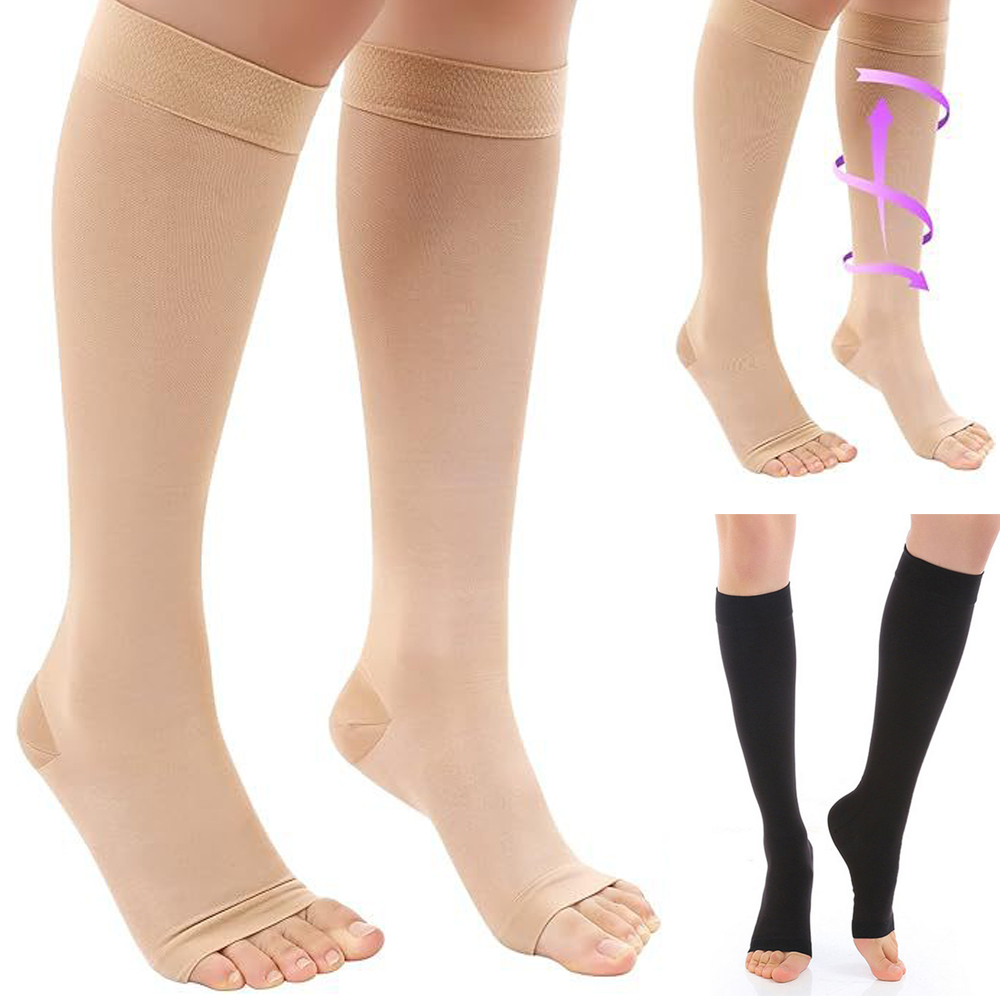 Compression Sleeve Calf - 段階的圧力調整機能付き医療用ふくらはぎ圧迫ストッキング、オープントゥ、膝丈、弾性デザイン、静脈瘤の整形用、S-XLサイズ