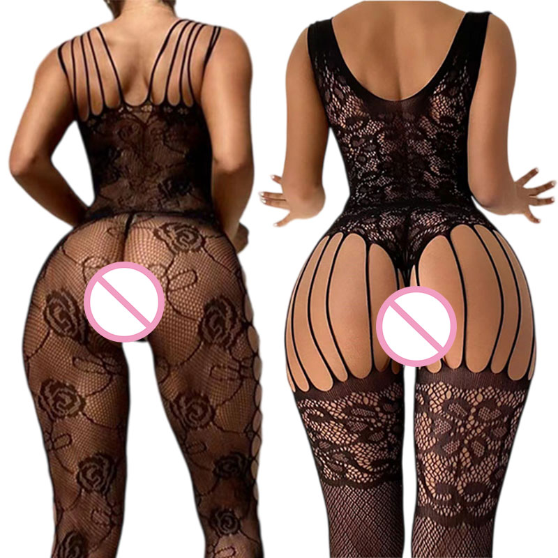 黒クロッチレスソフトストレッチボディストッキングレース薄手の - Fishnet Stocking Women のレビューと価格
